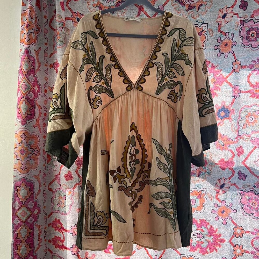 zara multicoloured cotton-linen blend mini dress with a boho vibe Size m